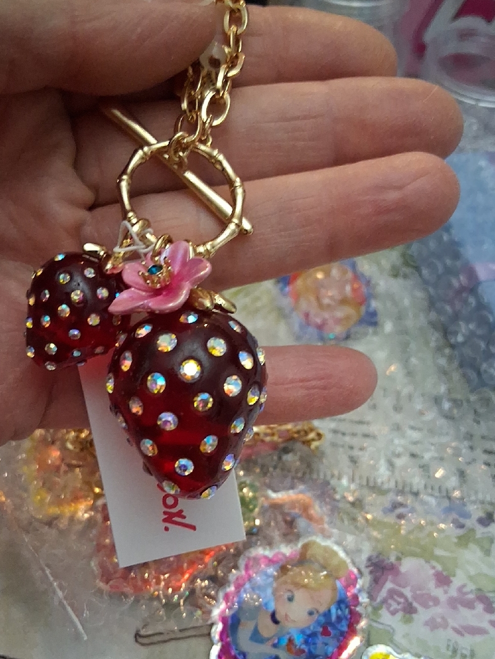 Betsey Johnson Red Crystal Strawberry Pendant Necklace with Pink Flower